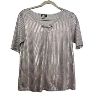 Expresso Womens Blouse Top Metallic V-Neck Short Sleeve Size Petite Medium